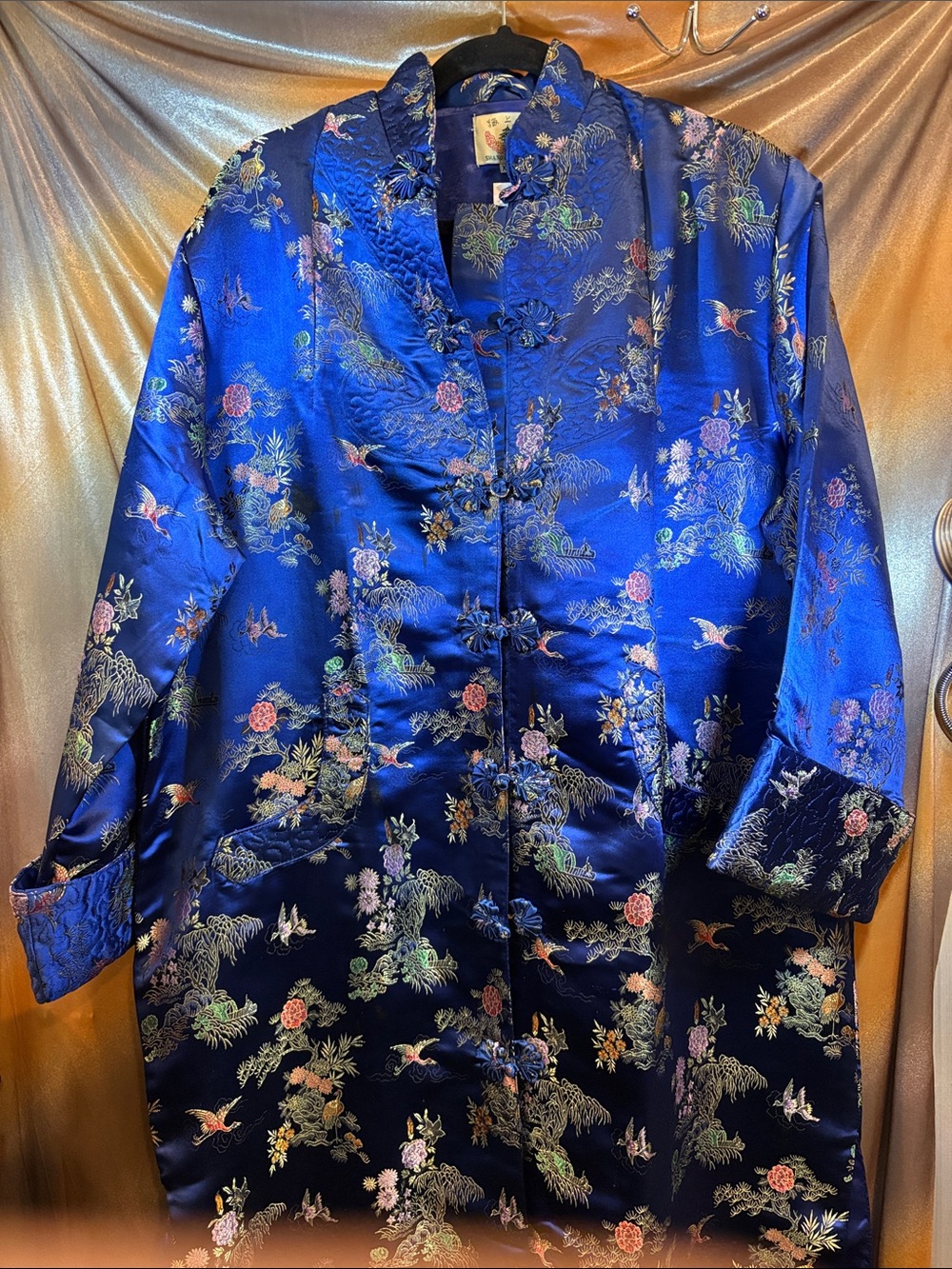 Vintage Shanghai XXL New Blue Satin Embroidered‎ Mandarin Jacket 222